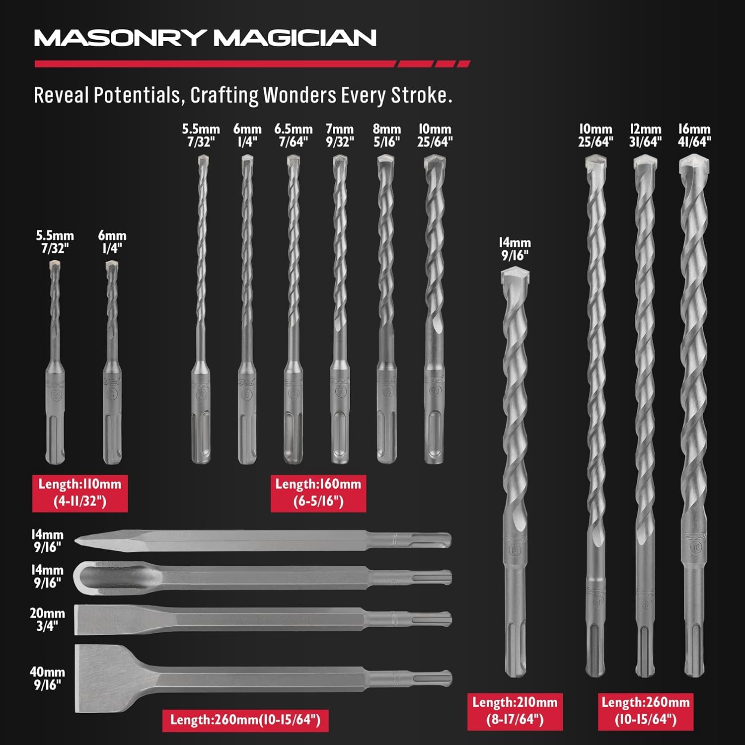 SDS-Plus Rotary Hammer Drill Bit Set - 17 Piece Heavy Duty Corded Electric Air Concrete Masonry Chipping Impact Removal Extension Rock Core Ground Floor Hole Thinset Brick Chisel Tool Storage Pouch