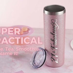 Onebttl 21st Birthday Gifts for Women, Girl, Her - 21 and Fabulous -20oz/590ml Stainless Steel Insulated Glitter Tumbler with Straw, Lid, Message Card - (Rose Gold)