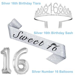 Silver Sweet 16 Birthday Decorations for Girls with 16th Birthday Sash and Tiara, Sweet 16 Cake Topper and Candles, 16 Birthday Balloons, Happy 16th Birthday Gifts for Sweet 16 Birthday Party