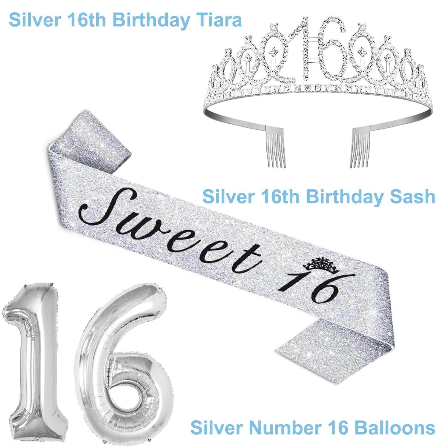 Silver Sweet 16 Birthday Decorations for Girls with 16th Birthday Sash and Tiara, Sweet 16 Cake Topper and Candles, 16 Birthday Balloons, Happy 16th Birthday Gifts for Sweet 16 Birthday Party