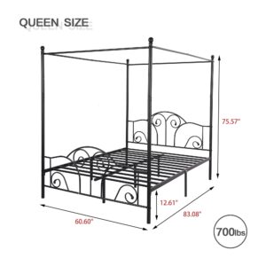 AUFANK Queen Size Four-Poster Metal Canopy Bed Frame with Headboard and Footboard Sturdy Slatted Structure No Box Spring Needed Black