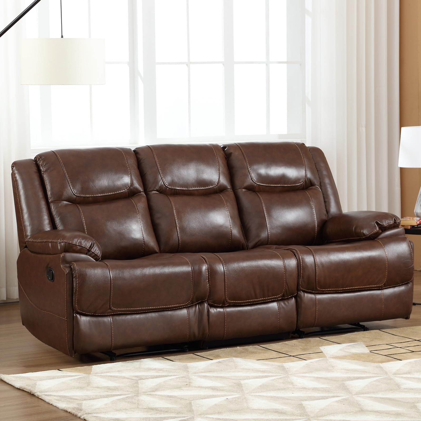 EBELLO Genuine Leather Manual Reclining Sofa, 3 Seat Recliner Sofa, Couch for Living Room, Bedroom Furniture, Meeting Room, Brown (3 Seat Sofa)