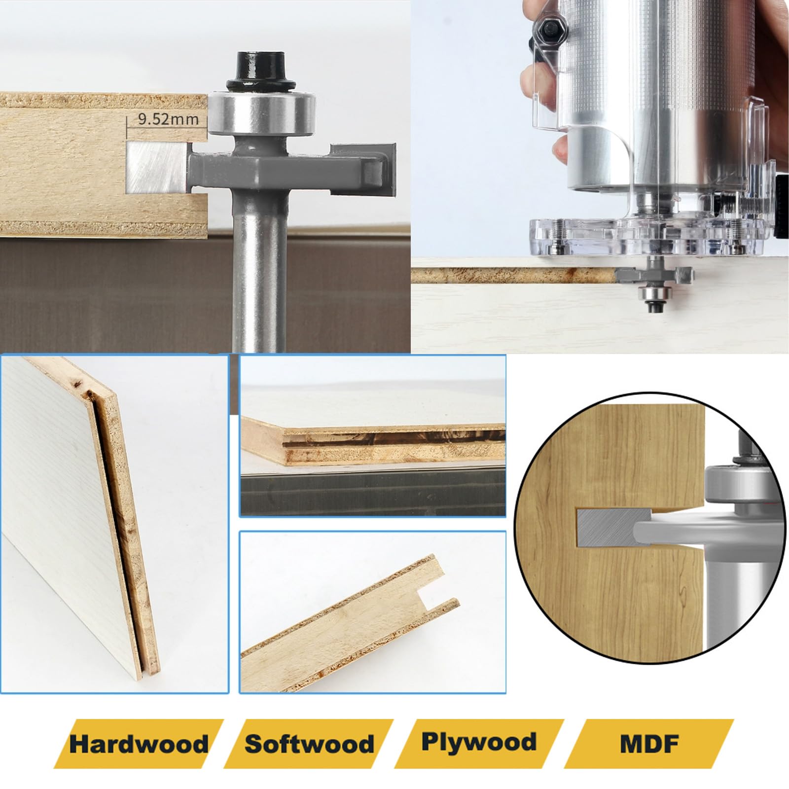 Akylin 5Pcs T Slot Router Bit Set,1/4" Shank,Cutting Height 1/8",5/32",3/16",1/4" and 5/8",3/8" Deep T Trark Bit with Bearing,T-Slotting Cutter for Plywood Slotting,Grooving,Rebating