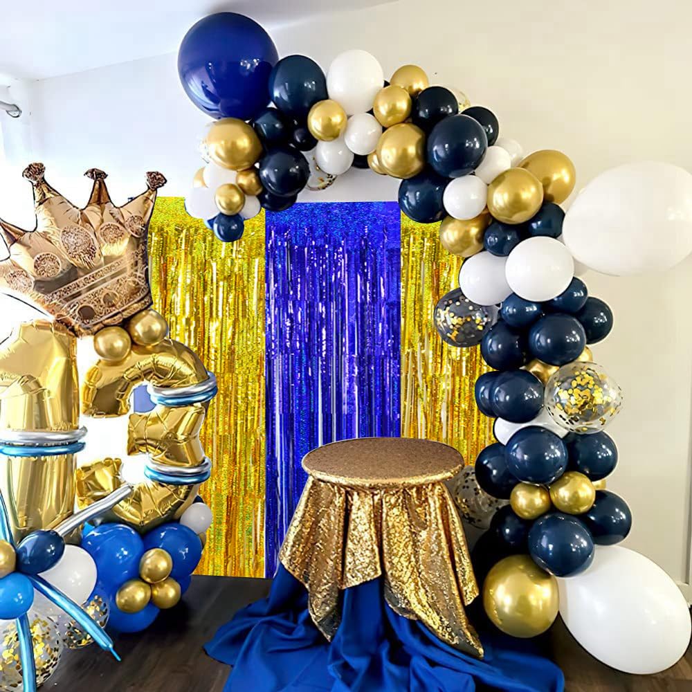 BEISHIDA 4 Pcs Blue and Gold Party Streamers Fringe Foil Curtain Backdrop Tinsel Background Party Decoration for Door Wall Graduation Birthday Wedding Anniversary Party Decoration(3.28 Ft x 8.2 Ft)