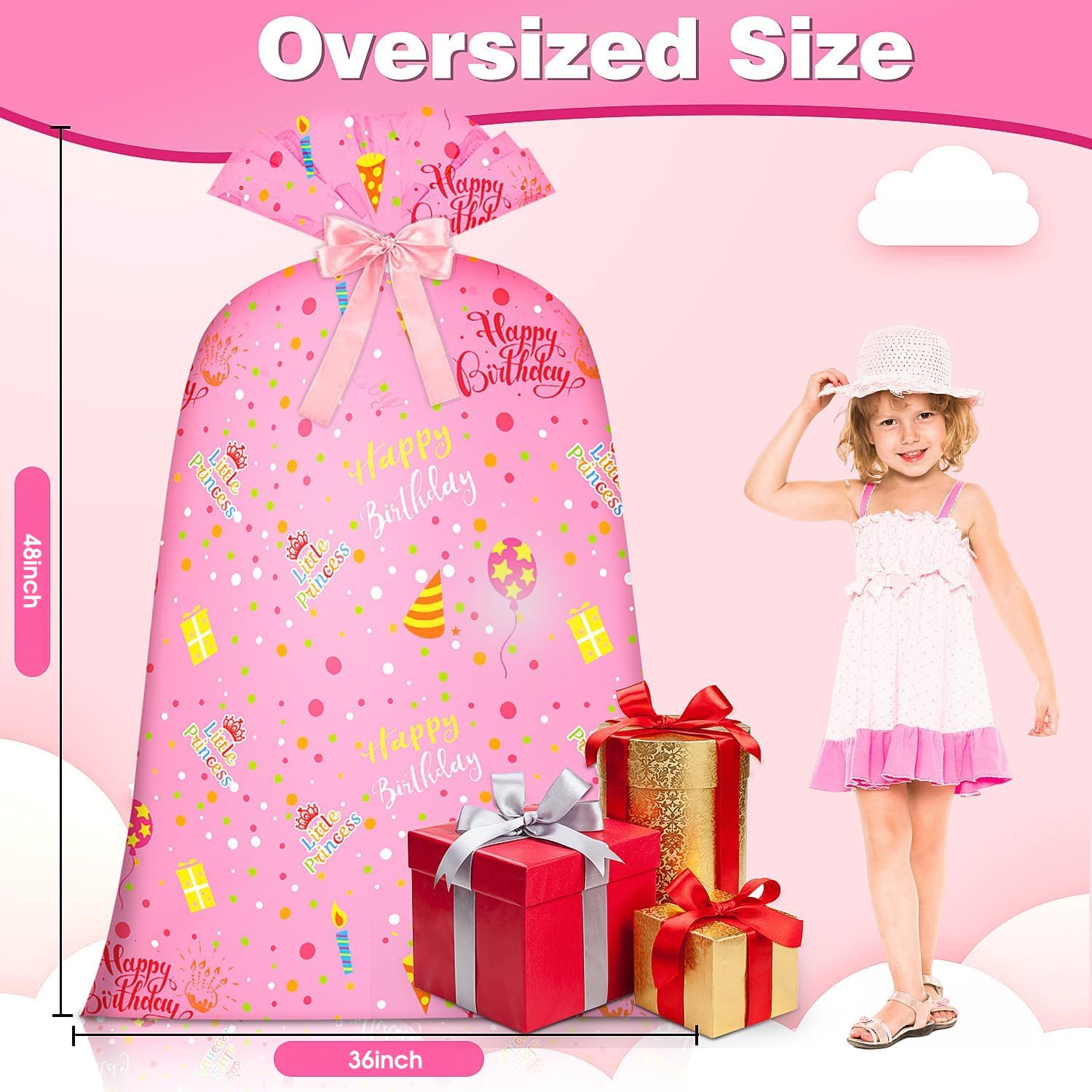 Extra Large Gift Bag for Girl Birthday Gift Bag Jumbo Gift Bag,Bday Pink Gift Bag Giant Gift Bag Plastic Oversized Gift Bag Huge Gift Wrap Bag Birthday Bag Wrapping Bag for Large Gift(48inch 1Pack)