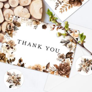 AnyDesign 36 Pack Fall Thank You Cards Bulk Vintage Brown Floral Greeting Cards with Envelopes Stickers Retro Flower Leaves Blank Note Cards for Fall Wedding Baby Shower Birthday, 6 Design