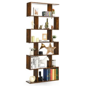 bettary 6-tier bookshelf, freestanding s-shaped geometric display shelf, modern tall bookcase for home office, living room, bedroom, coffee