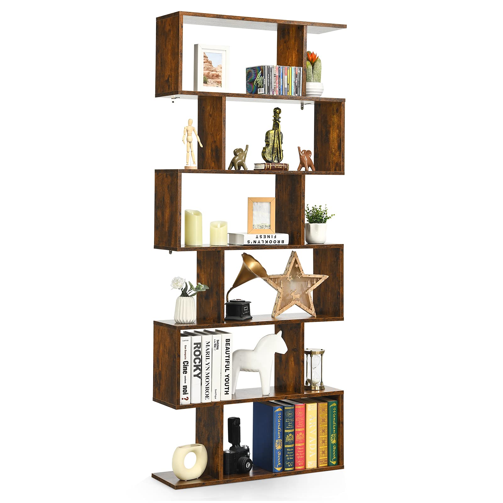 BETTARY 6-Tier Bookshelf, Freestanding S-Shaped Geometric Display Shelf, Modern Tall Bookcase for Home Office, Living Room, Bedroom, Coffee