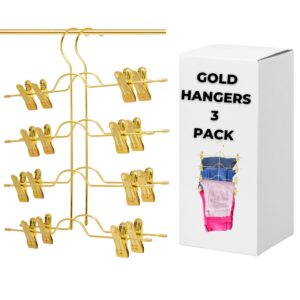 skirt hangers with clips, gold hangers, 3 pack multi pants hangers, best skirt hangers for women with 360° swivel hook, legging hanger space saving