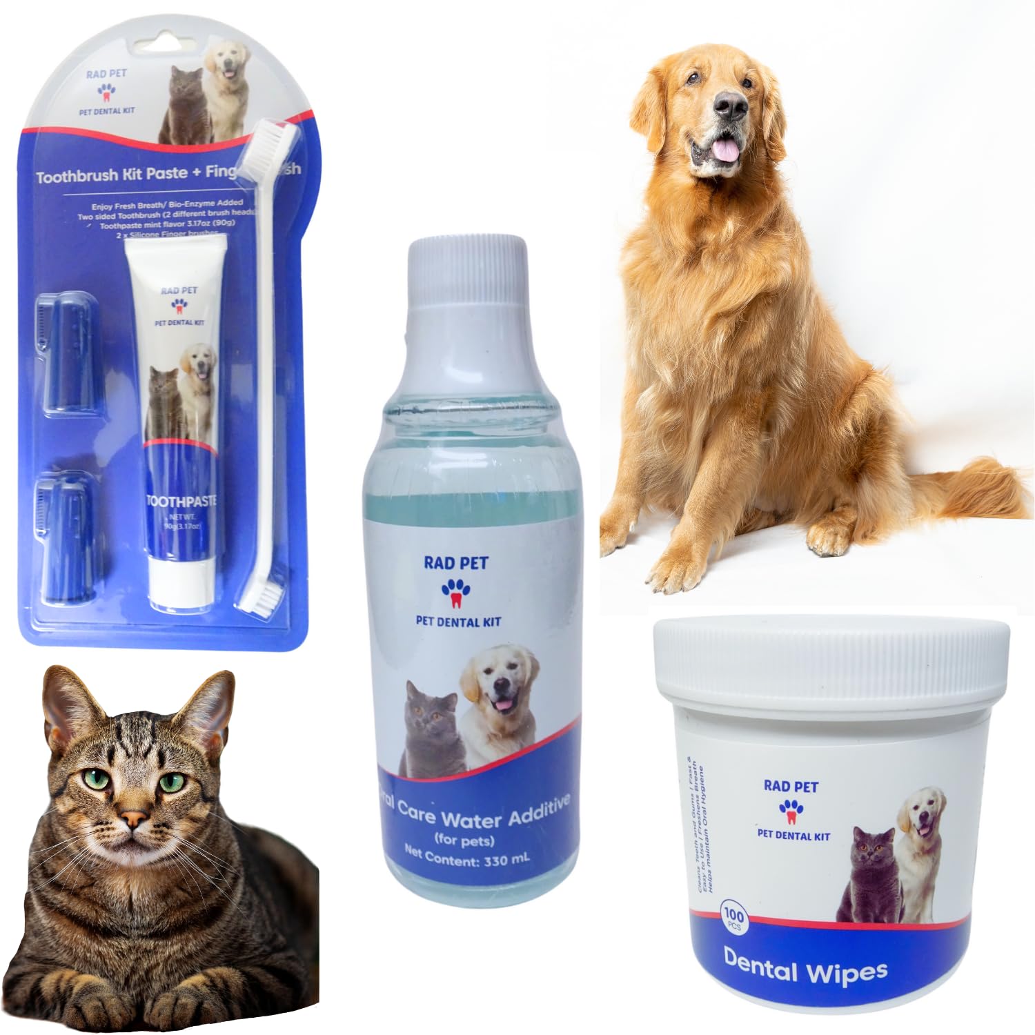 RadPet Advanced Dental Hygiene Kit for Cats & Dogs - Complete Oral Care with Toothbrush, Enzymatic Toothpaste, Dental Wipes, & Water Additive Vet Formulated Pet Toothpaste Kit