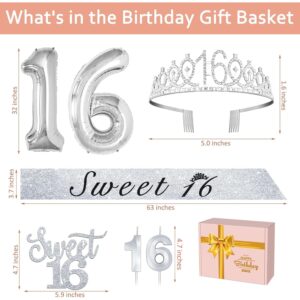 Silver Sweet 16 Birthday Decorations for Girls with 16th Birthday Sash and Tiara, Sweet 16 Cake Topper and Candles, 16 Birthday Balloons, Happy 16th Birthday Gifts for Sweet 16 Birthday Party