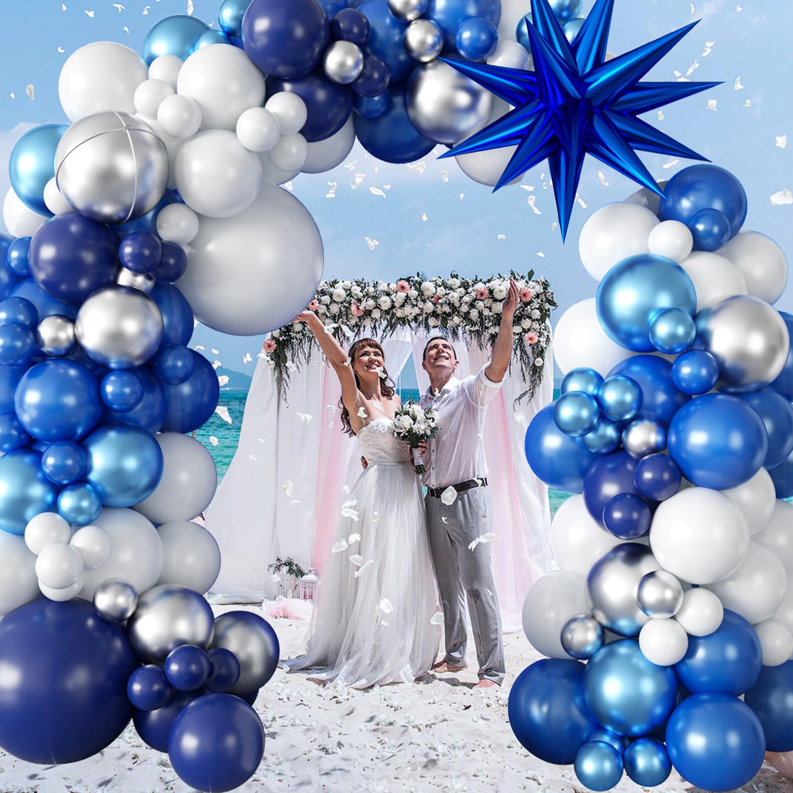 94Pcs Blue Balloon Garland Arch Kit Navy Blue Silver White Balloons Garland Kit with Metallic 4D Star Foil Balloon Birthday Party Balloons for Boys Men Baby Shower Wedding Graduation Party Decoration