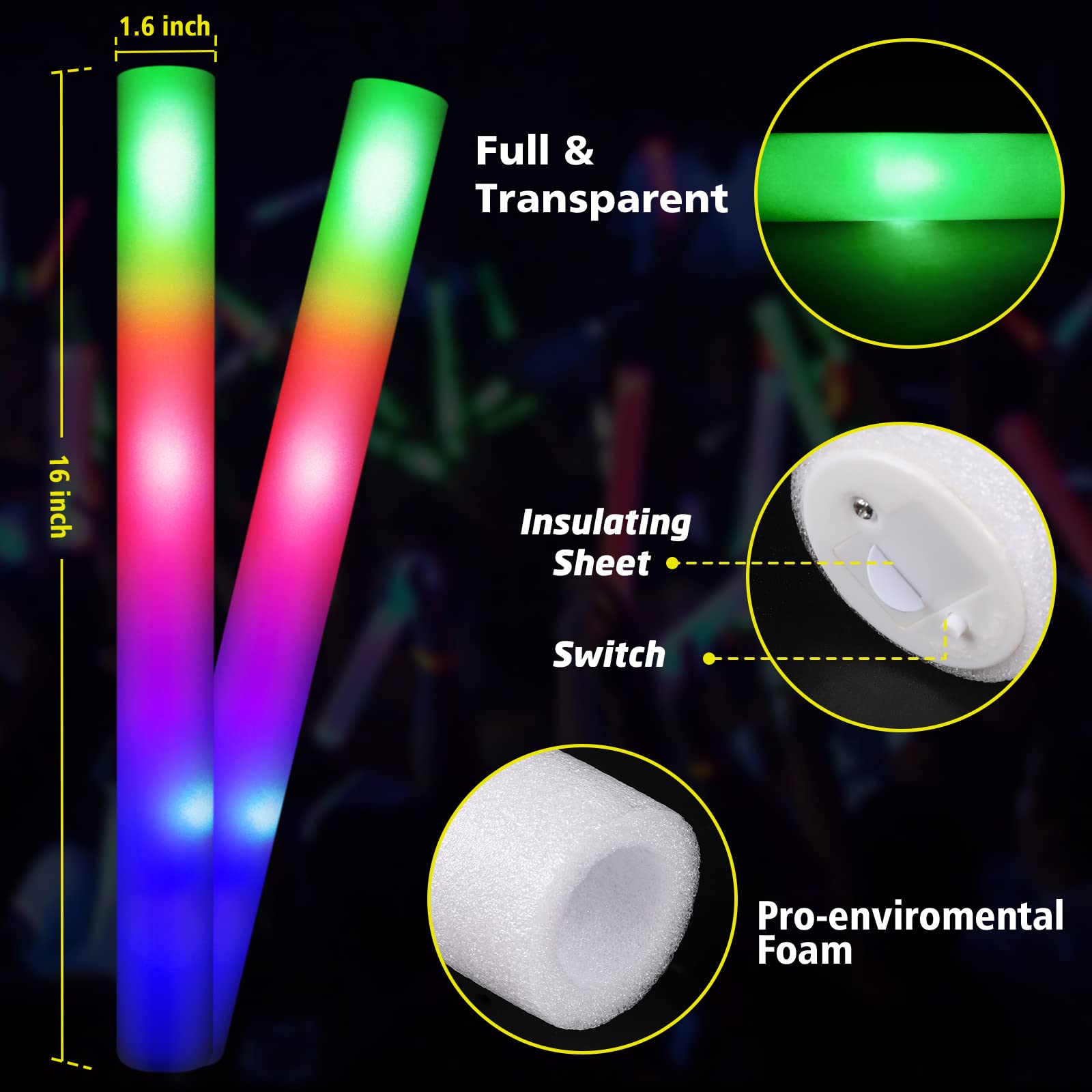 LUDILO Foam Glow Sticks Bulk Party Pack 18PCS Glow in the Dark Party Supplies for Adults Led Foam Sticks Foam Glow Sticks for KidsBirthday Wedding Dance Floor Props Concert Halloween Party Favors