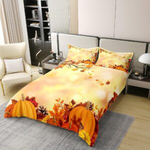 jejeloiu Fall Festival Bedding Set Full Pumpkin Maple Leaf Duvet Cover 100% Cotton Bedroom Decor Happy Fall Y'all Comforter Cover Set Women Men Bedspread Cover with 2 Pillow Case