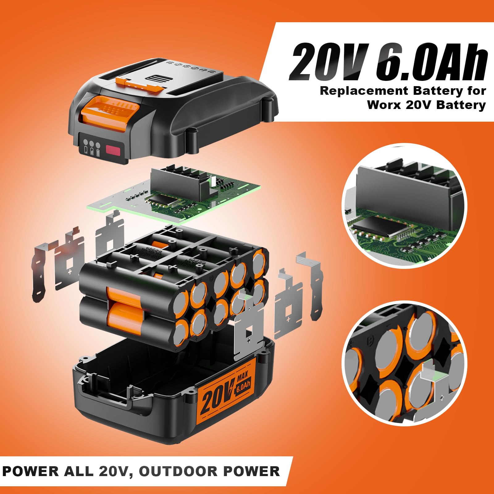 NEPOWILL 2Packs 20V 6.0Ah Replacement Battery for Worx 20V Battery, Compatible with Worx Battery WA3578 WA3575 WA3520 WA3525 Fit for Worx 20V Cordless Tools WG630, WG322, WG543, WG163