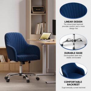 Warmiehomy Modern Home Office Chair with Wheels Mid-Back Upholstered Velvet Computer Task Chair for Small Space, Living Room, Make-up, Studying, Dark Blue Desk Chair