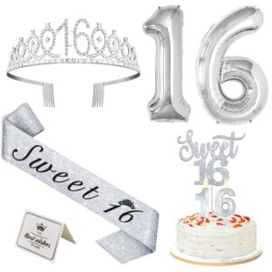 silver sweet 16 birthday decorations for girls with 16th birthday sash and tiara, sweet 16 cake topper and candles, 16 birthday balloons, happy 16th birthday gifts for sweet 16 birthday party