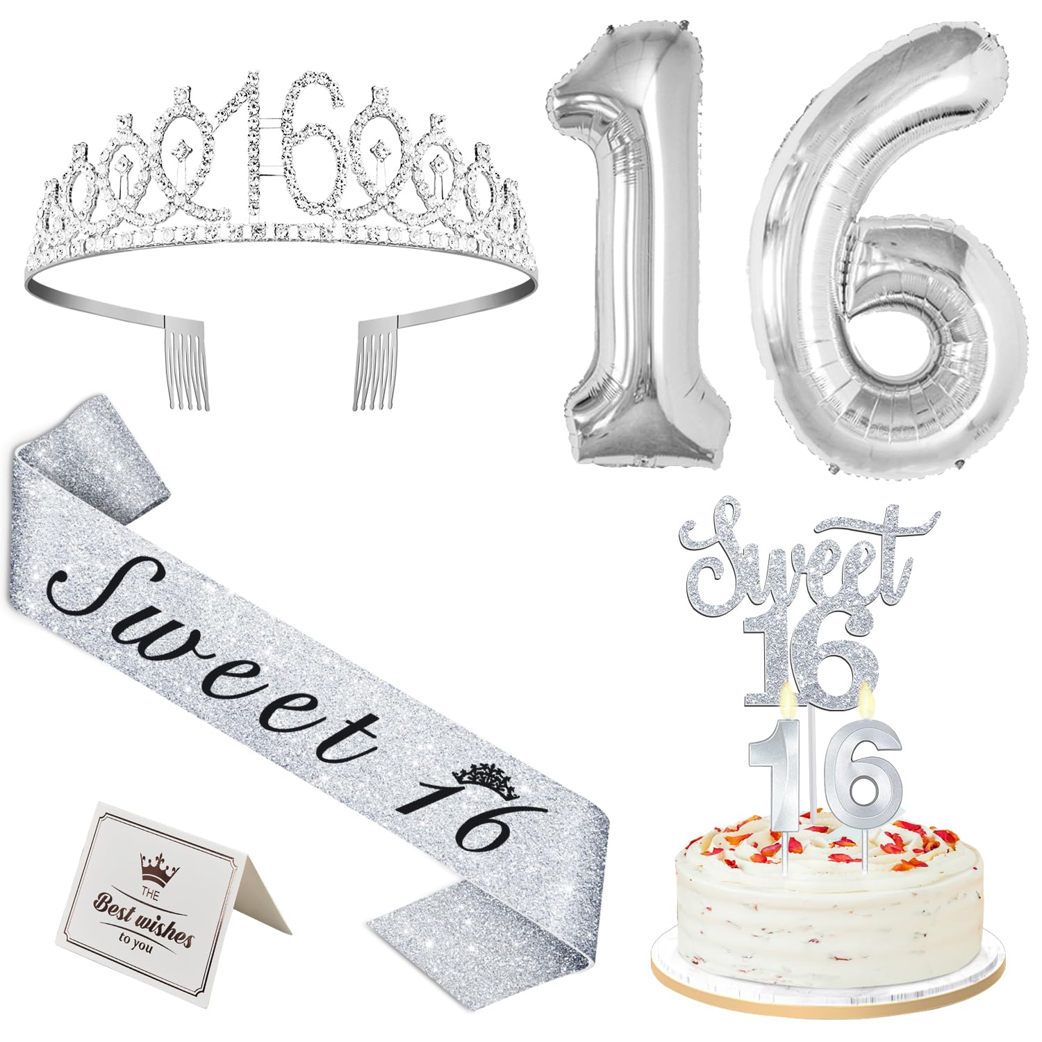 Silver Sweet 16 Birthday Decorations for Girls with 16th Birthday Sash and Tiara, Sweet 16 Cake Topper and Candles, 16 Birthday Balloons, Happy 16th Birthday Gifts for Sweet 16 Birthday Party