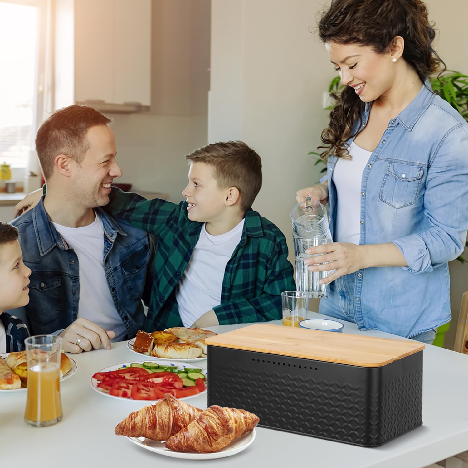 Phyllia Bread Box, Metal Bread Storage Container with Bamboo Lid Usable as Cutting Board, Breadbox Holder for Kitchen Countertop, 13 x 7 x 5.3 inch (Black)