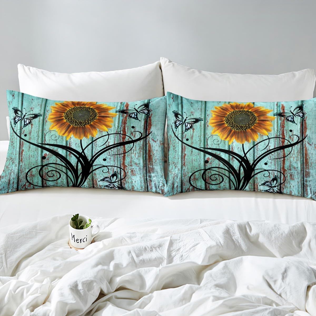 Adults Rustic Farmhouse Floral Duvet Cover Queen Country Butterfly Sunflower Bedding Set For Women Men Retro Grunge Turquoise Barn Door Comforter Cover Spring Nature Flower Botanical Bed Set 3 Pcs