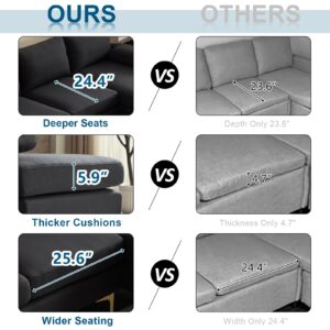 VINGLI 110" Modern U Shaped Sectional Couch with 51"D Double Chaise for Living Room, Black Deep Seat Sectional Sofa Sets with 5.9" Thickness Seating Padding for Home Furniture,Linen Fabric,Metal Legs