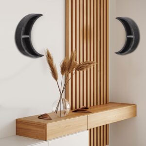 TREETDOBV Wall Mounted Moon Shelf Decor, Wall Hanging Wooden Floating Shelves, Rustic Black Moon Shelf Solid Wood Moon Shaped Storage Rack for Home Office Bedroom Living Room Decor(L)