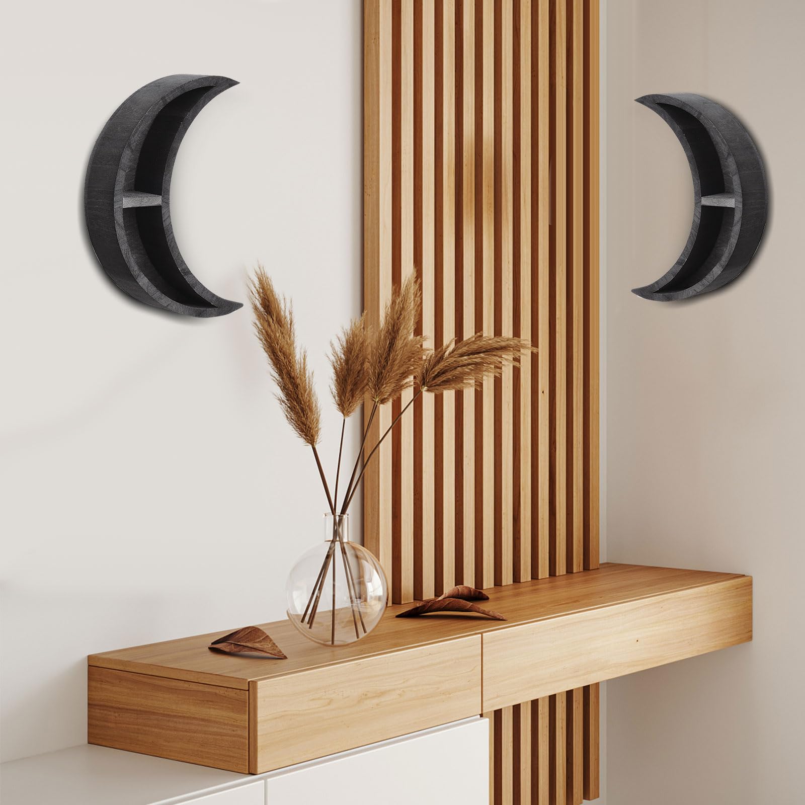 TREETDOBV Wall Mounted Moon Shelf Decor, Wall Hanging Wooden Floating Shelves, Rustic Black Moon Shelf Solid Wood Moon Shaped Storage Rack for Home Office Bedroom Living Room Decor(L)