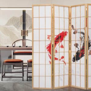 MoNiBloom Japanese Room Dividers 4-Panel Lifelike Koi Fish Decor Shoji Screen, 5.9 ft Portable Room Separating Divider, Free-Standing Oriental Decorative Privacy Screen for Home Office Changing Room