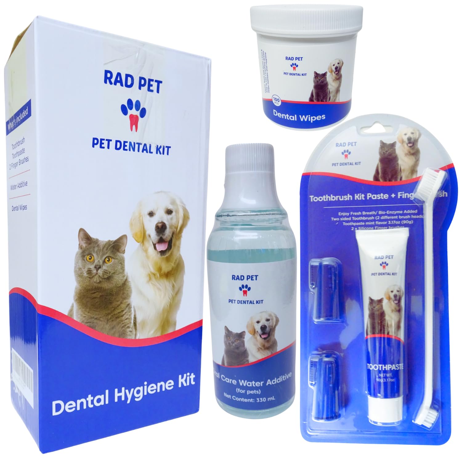 RadPet Advanced Dental Hygiene Kit for Cats & Dogs - Complete Oral Care with Toothbrush, Enzymatic Toothpaste, Dental Wipes, & Water Additive Vet Formulated Pet Toothpaste Kit