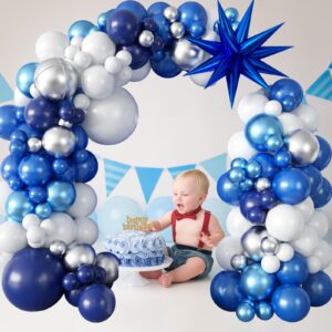 94Pcs Blue Balloon Garland Arch Kit Navy Blue Silver White Balloons Garland Kit with Metallic 4D Star Foil Balloon Birthday Party Balloons for Boys Men Baby Shower Wedding Graduation Party Decoration