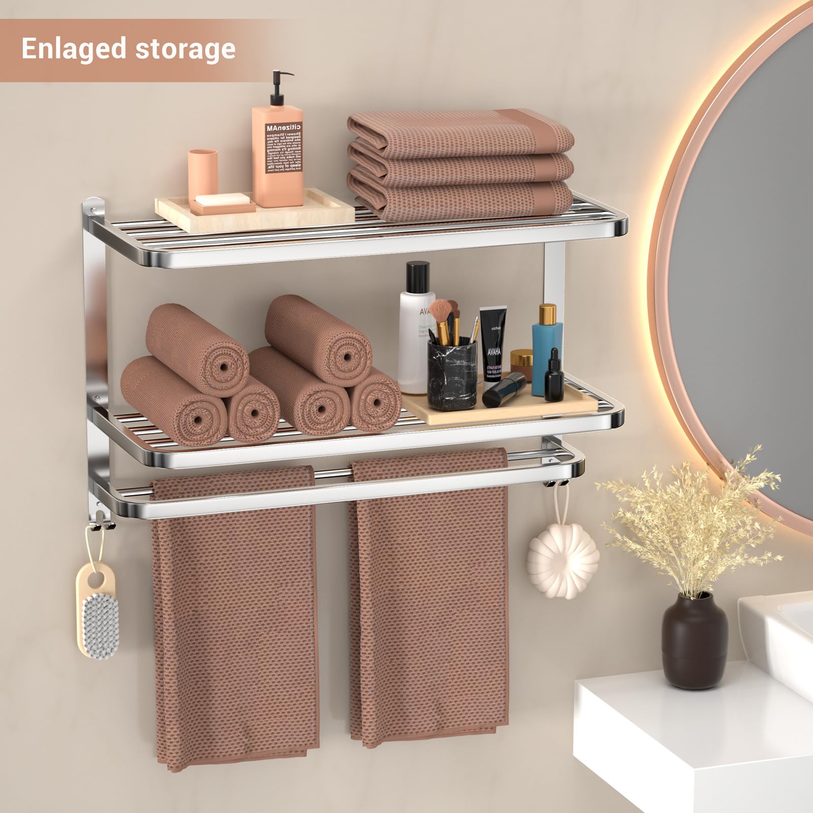 DDS-DUDES 3-Tier Towel Racks for Bathroom with Towel Bars Multilayer Hotel Towel Shelf Stainless Steel Wall-Mounted Brushed Finish Holder with Towel Shelves 23 Inches