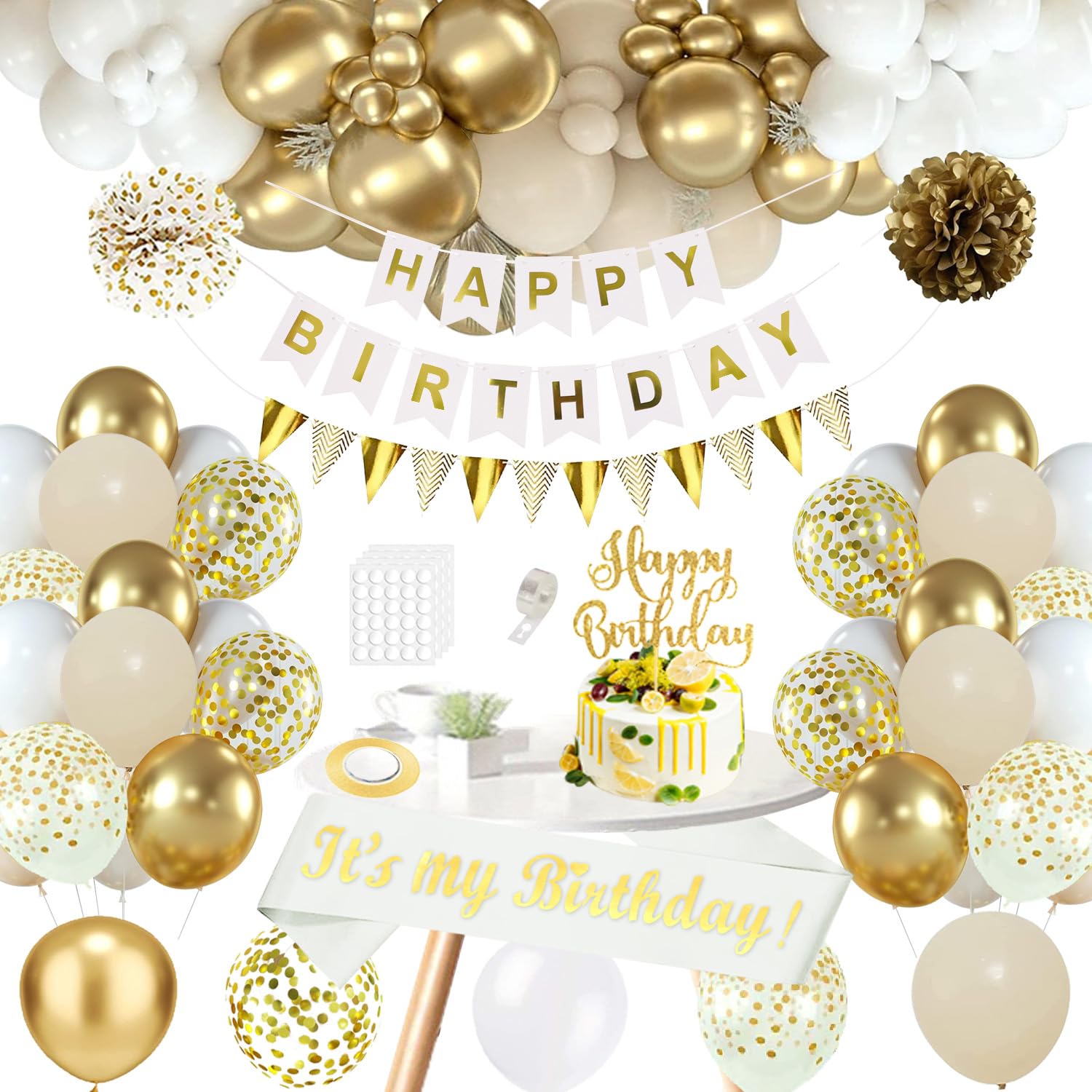 GYESXYW White and Gold Party Decorations, Sandy White Golden Birthday Decorations, Happy Birthday Banner, White Gold Birthday Sash and Confetti Balloons Birthday Decor for Women Girls Men Boys