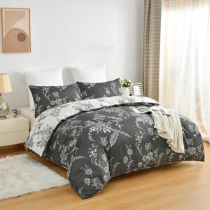 La Sheer Black Floral Duvet Cover King Size Garden Style Flower Microfiber Bedding Set with Zipper Smooth Soft Comforter Cover with 2 Pillow Shams(102x90 inches, 3 Pieces)