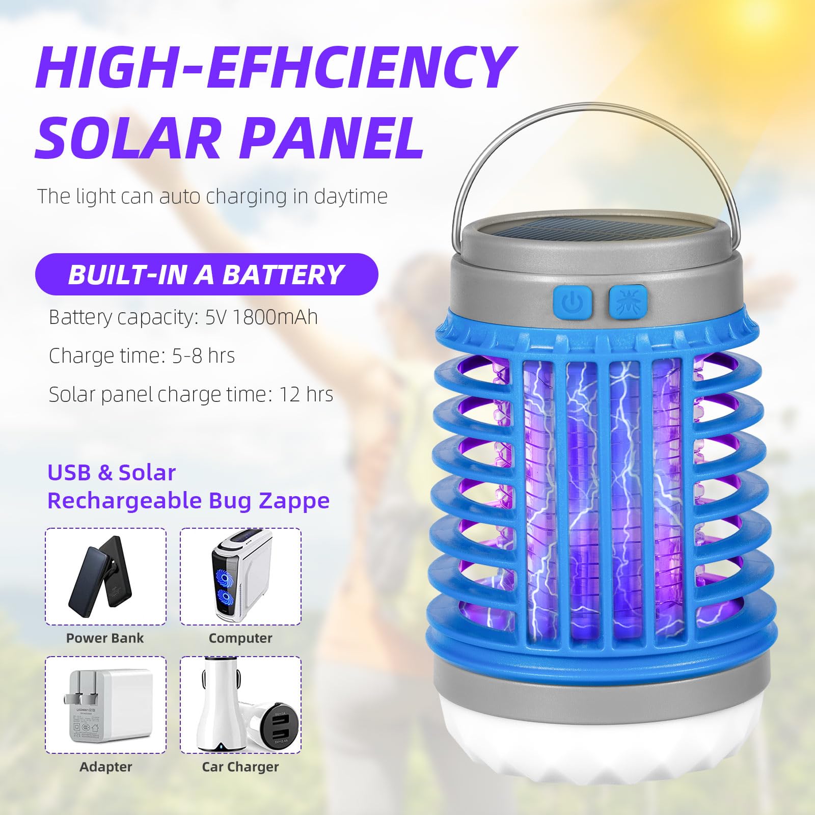 2Pack Solar Bug Zapper Light Bulb 3 in 1 Mosquitoes Killer USB Rechargeable Camping Light Flashlight,IPX6 Waterproof Portable Light Bulb Zapper Outdoor for Travel Hiking,Doorway,Corridor,Balcony,Patio