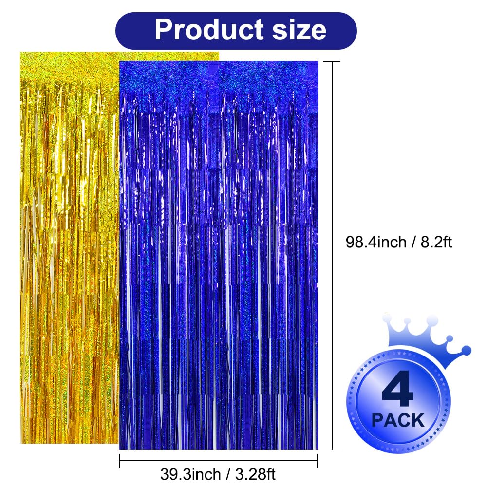 BEISHIDA 4 Pcs Blue and Gold Party Streamers Fringe Foil Curtain Backdrop Tinsel Background Party Decoration for Door Wall Graduation Birthday Wedding Anniversary Party Decoration(3.28 Ft x 8.2 Ft)