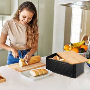 Phyllia Bread Box, Metal Bread Storage Container with Bamboo Lid Usable as Cutting Board, Breadbox Holder for Kitchen Countertop, 13 x 7 x 5.3 inch (Black)