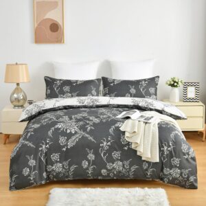 la sheer black floral duvet cover king size garden style flower microfiber bedding set with zipper smooth soft comforter cover with 2 pillow shams(102x90 inches, 3 pieces)