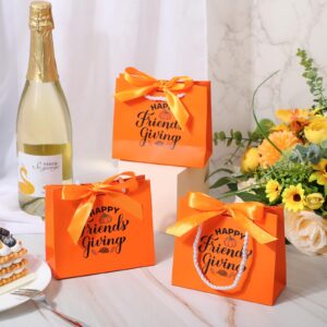 Tenceur 25 Sets Thanksgiving Gift Bags Friendsgiving Party Favor Orange Gift Bags with Handles Small Candy Bag with Bow Ribbon Friends Thanks Giving Party Gift Bag for Friend Guest, 5.51x4.72x2.36''