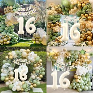 GYESXYW Sage Green 16th Birthday Decorations for Girls, Olive Green and Gold Sweet 16 Party Decorations Set, Happy Birthday Banner, Birthday Sash, Crown, Confetti Balloons for Her Party Supplies