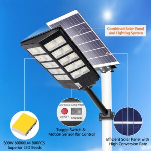 OOOLED Solar Street Lights Outdoor Waterproof 3000W 26000LM 6500K Super Bright White 800PCS LED Chips, Solar Flood Lights Outdoor Motion Sensor with Remote Control, Solar Lights for Outside Yard Patio