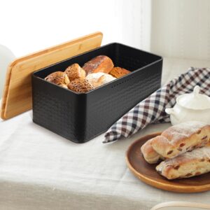 Phyllia Bread Box, Metal Bread Storage Container with Bamboo Lid Usable as Cutting Board, Breadbox Holder for Kitchen Countertop, 13 x 7 x 5.3 inch (Black)