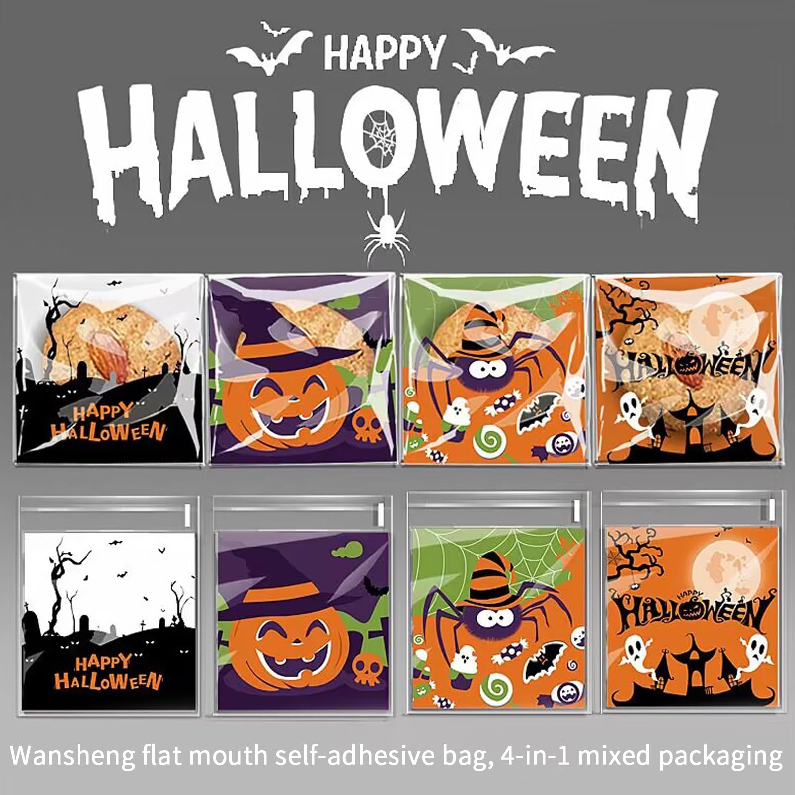 200Pcs Halloween Cellophane Candy Bags Self Adhesive Clear Cookie Treat Bags Gift Bags for Halloween Party Supplies (3.94 x 3.94 In)