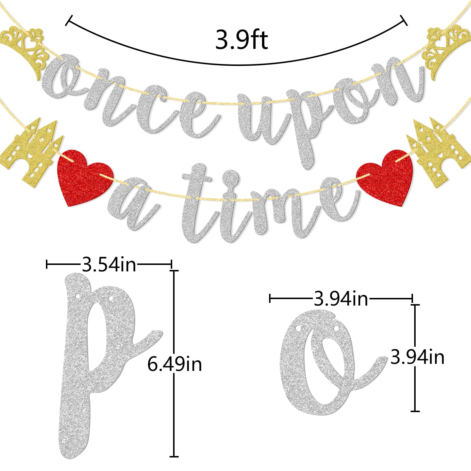 Qttier Once Upon A Time Glitter Banner, Pre-assembled Bridal Shower Banner for Bachelorette, Engagement, Wedding Party Decoration Supplies