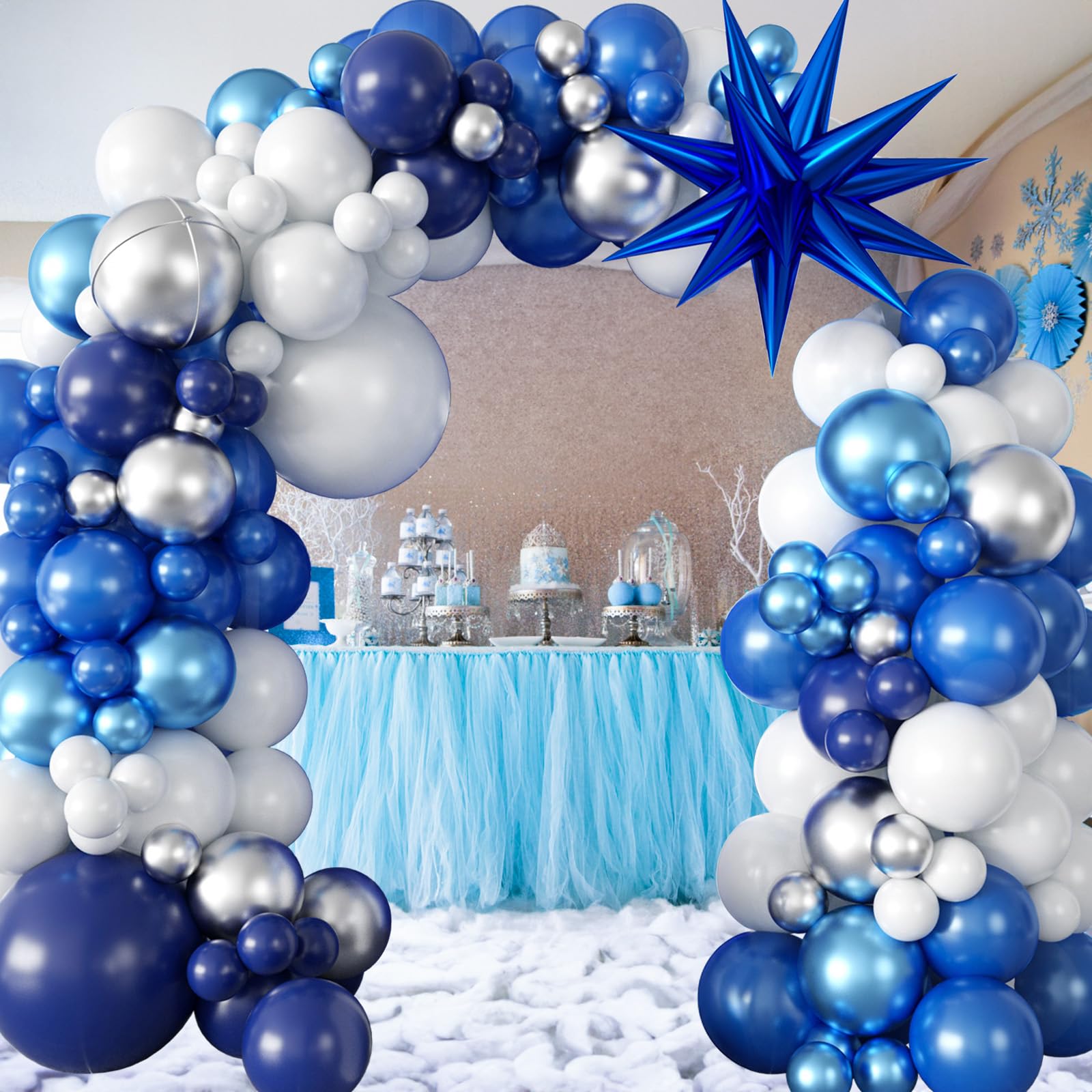 94Pcs Blue Balloon Garland Arch Kit Navy Blue Silver White Balloons Garland Kit with Metallic 4D Star Foil Balloon Birthday Party Balloons for Boys Men Baby Shower Wedding Graduation Party Decoration