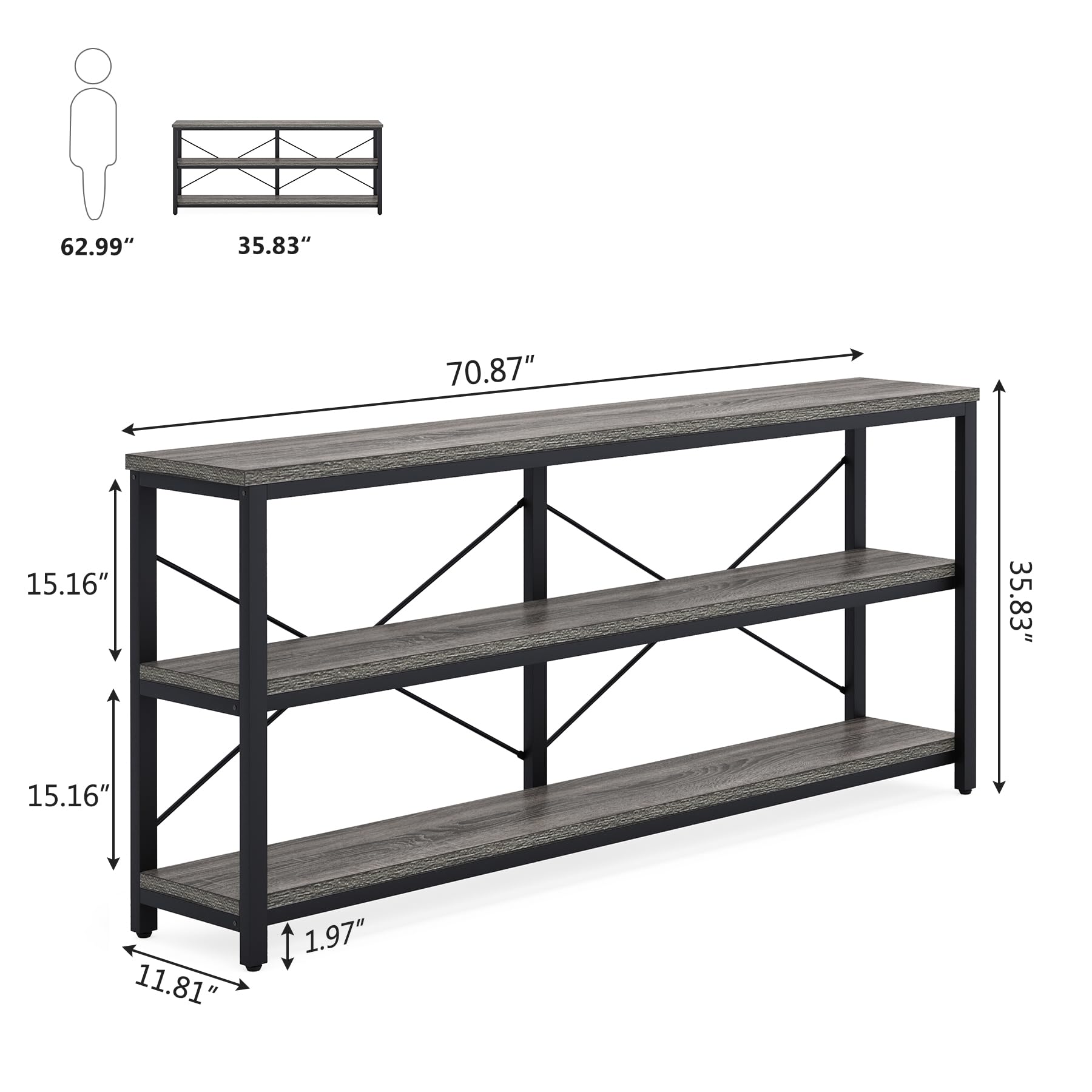 Tribesigns 71" Sofa Tables,Extra Long Couch Table, Narrow Long Console Table, Entryway Table,Sofa Table with 3 Tiers Storage Shelves (Gray)