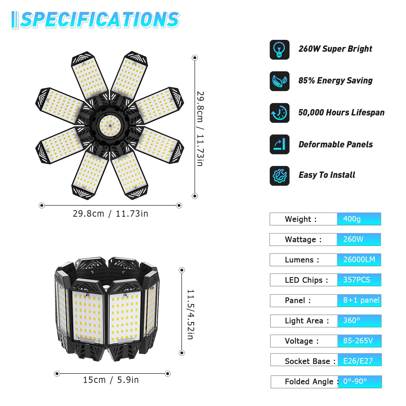 VRTOGTHE LED Garage Light - 2 Pack 260W 26000LM LED Garage Ceiling Light with 8+1 Adjustable Panels and Constant Drive, 6500K Shop Light Screw in E26 E27 Socket for Workshop, Storage Room, Warehouse