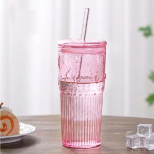 Glass Coffee Cups with Lids and Straws, 20 OZ Pink Iced Water Glasses Tumblers for Ice Juice, Tea, Milk, Smoothie and Cold or Hot Drinks, Set of 2