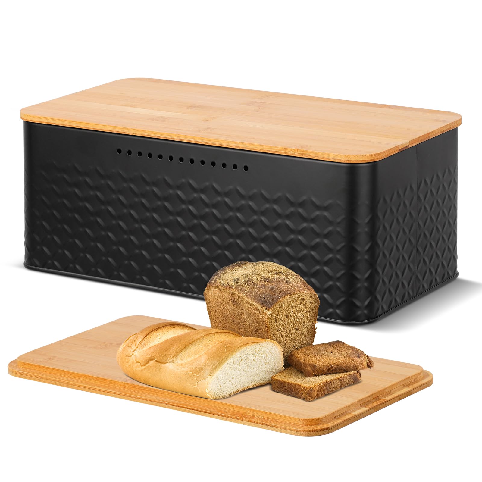 Phyllia Bread Box, Metal Bread Storage Container with Bamboo Lid Usable as Cutting Board, Breadbox Holder for Kitchen Countertop, 13 x 7 x 5.3 inch (Black)