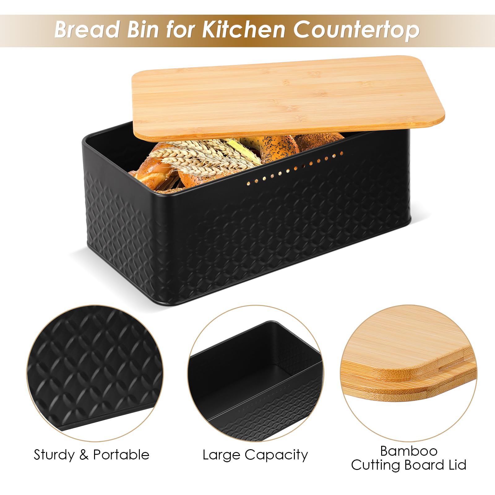 Phyllia Bread Box, Metal Bread Storage Container with Bamboo Lid Usable as Cutting Board, Breadbox Holder for Kitchen Countertop, 13 x 7 x 5.3 inch (Black)