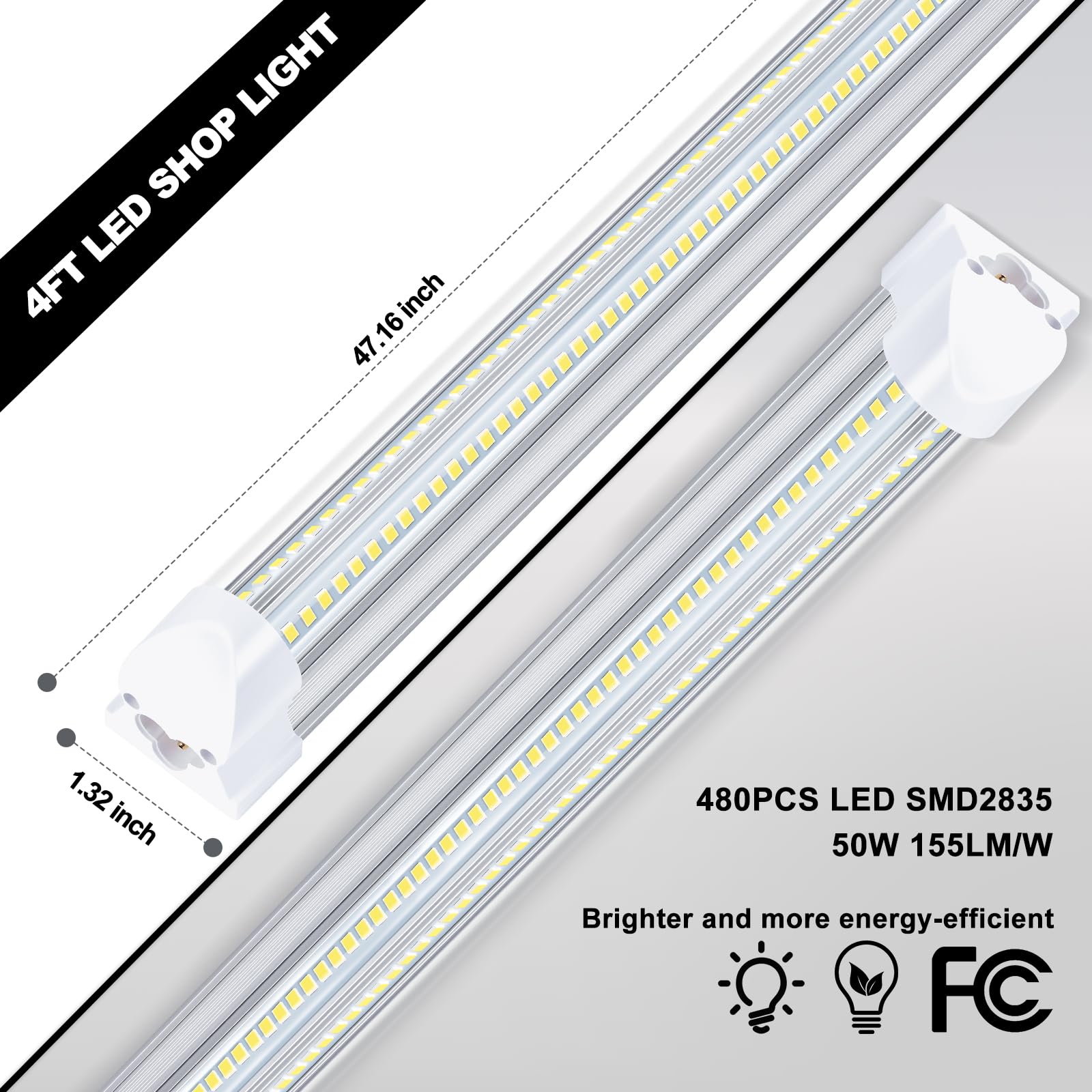 Gugsey LED Shop Lights - 4FT 50W LED Light Fixture, 4 Foot High Output 7750Lumen, 6000K, Clear Cover, V-Shape Linkable, Plug and Play, T8 LED Tube Light for Garage, Workshop (10 Pack)